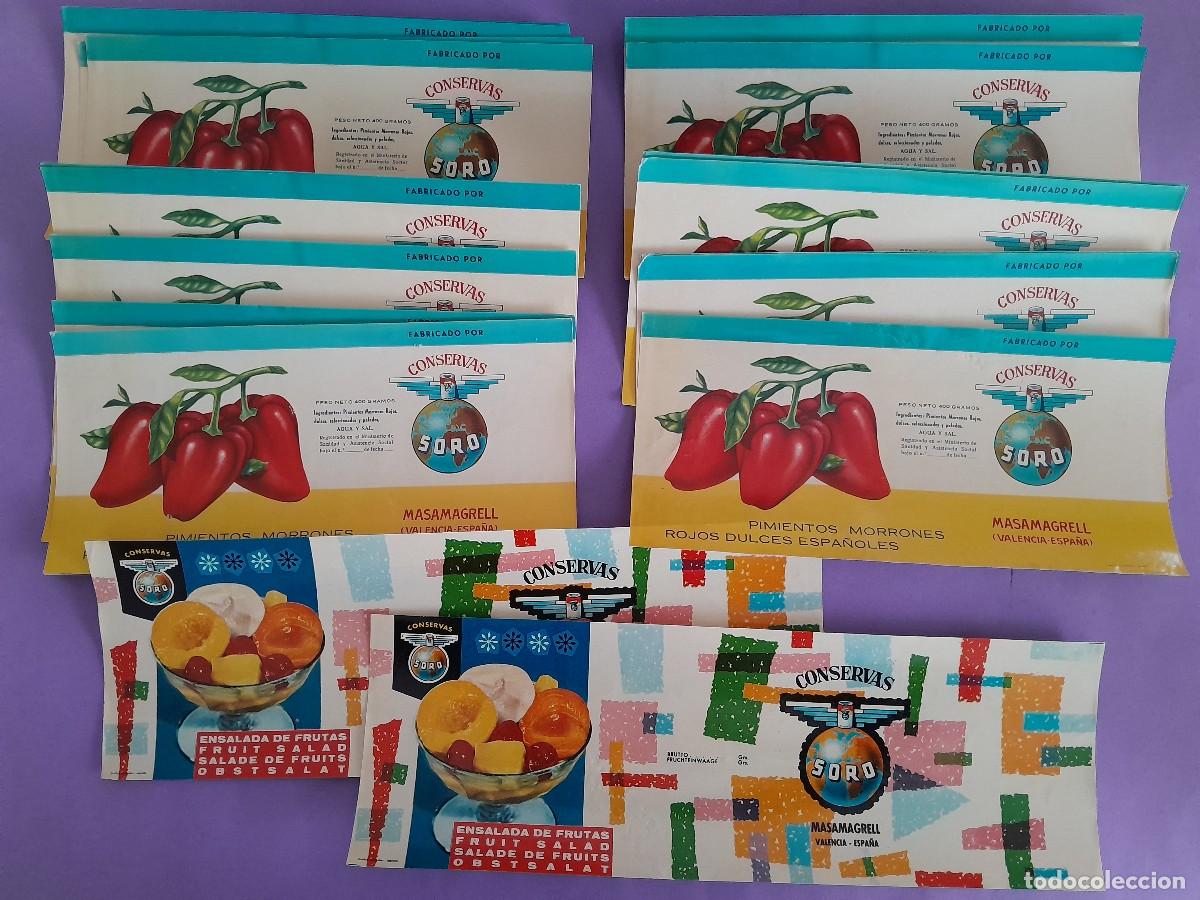 Alte Etiketten: LOTE 22 ETIQUETAS CONSERVAS SORO MASAMAGRELL VALENCIA PIMIENTOS MORRONES ENSALADA DE FRUTA