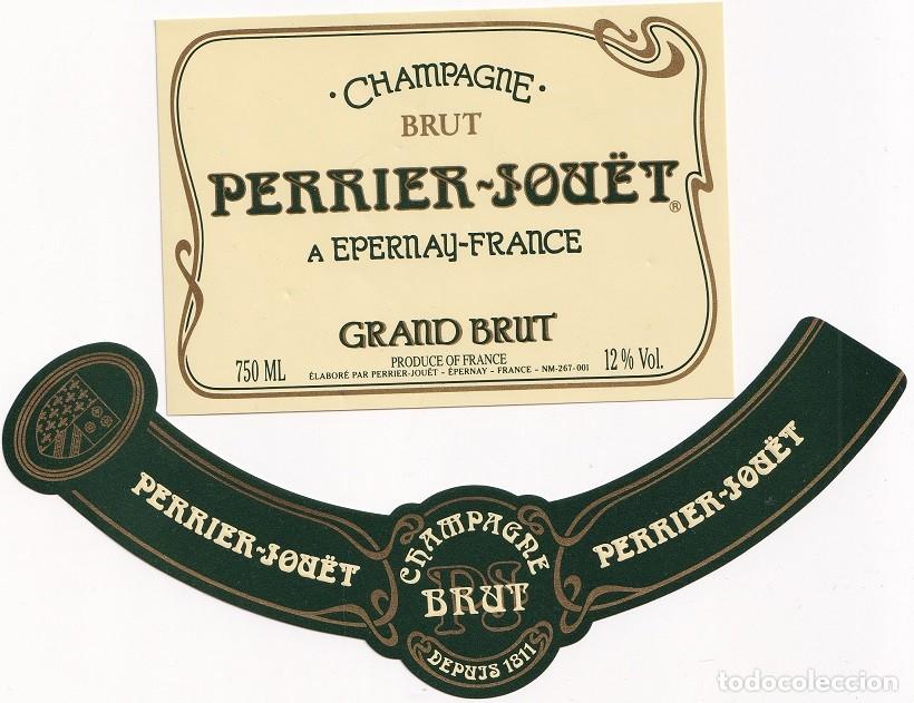Etiquetas antiguas: Etiqueta + Collar&iacute;n / Champagne Brut Perrier-Jou&euml;t a Epernay France Grand Brut / Francia
