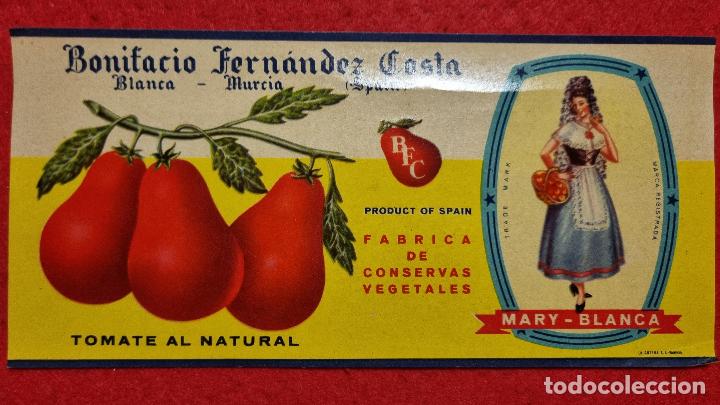 Old Labels: ANTIGUA ETIQUETA TOMATES BONIFACIO FERNANDEZ COSTA MEDIANA MARY BLANCA MURCIA ORIGINAL K15