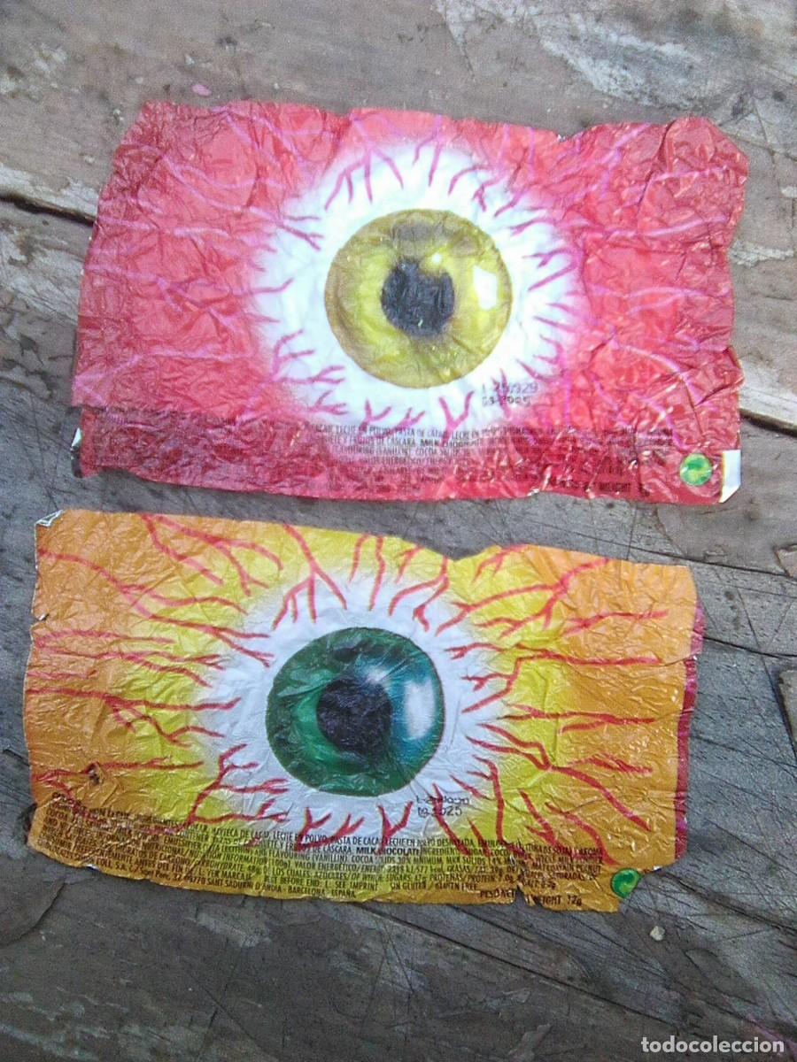 Etiquetas antiguas: Lote dos envoltorios chocolatina Ojos Halloween vintage - reutilizable en chocolates esf&eacute;ricos