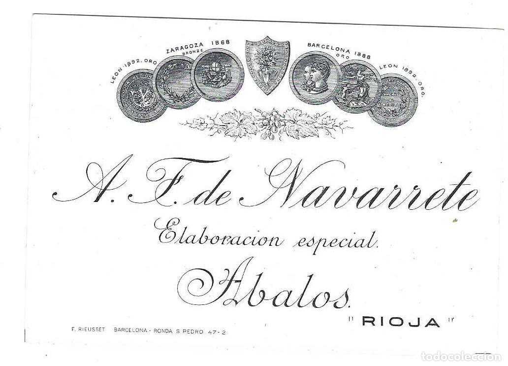 Etiquetas antiguas: ETIQUETA DE VINO PRIMER CUARTO S. XX- A.F. DE NAVARRETE ABALOS (RIOJA)
