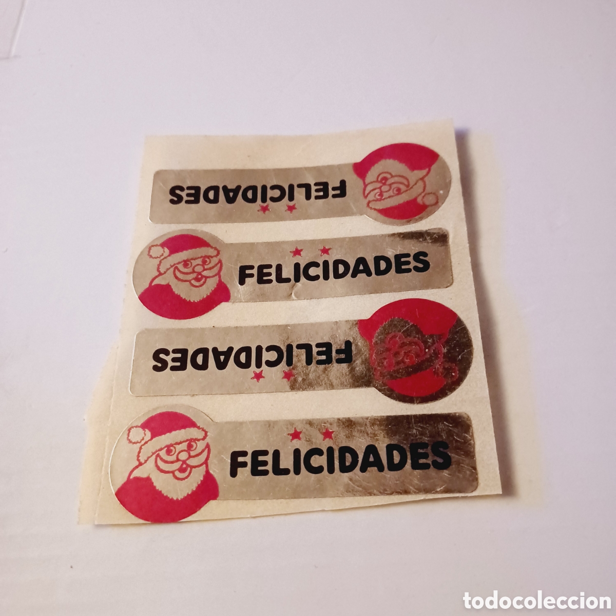Etiquetas antiguas: Pegatina Adhesivo a&ntilde;os 80 etiquetas doradas felicidades set de 4 Navidad Papa Noel 9x8 cm