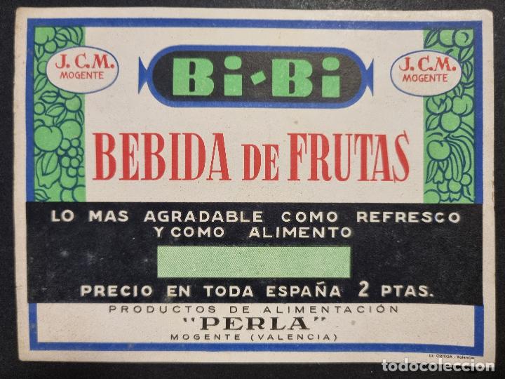 Old Labels: ANTIGUA ETIQUETA LICOR BI BI BEBIDA DE FRUTAS PERLA JMC MOGENTE VALENCIA ORIGINAL ER 451