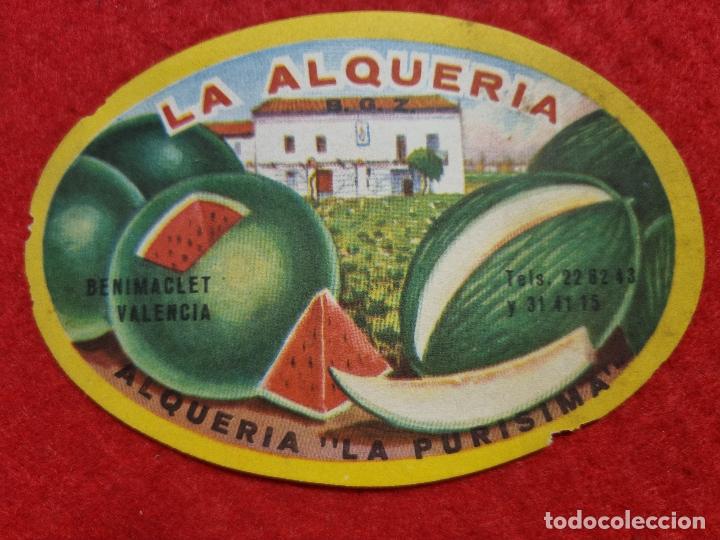 Etichette antiche: ANTIGUA ETIQUETA MELONES Y SANDIAS LA ALQUERIA LA PURISIMA BENIMACLET VALENCIA ORIGINAL ER 546