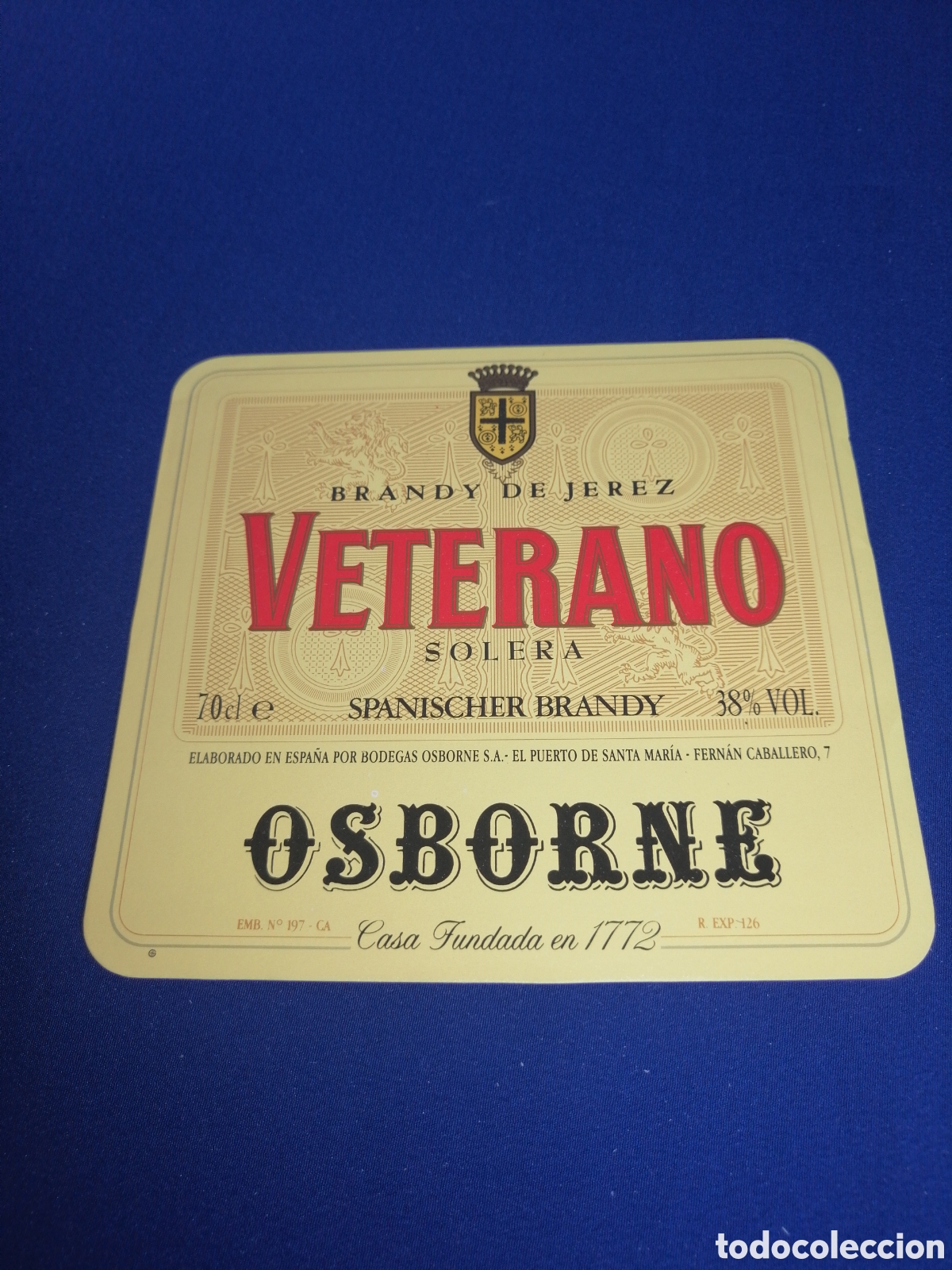 Etiquetas antiguas: VETERANO BRANDY DE JEREZ OSBORNE ETIQUETA BRANDY