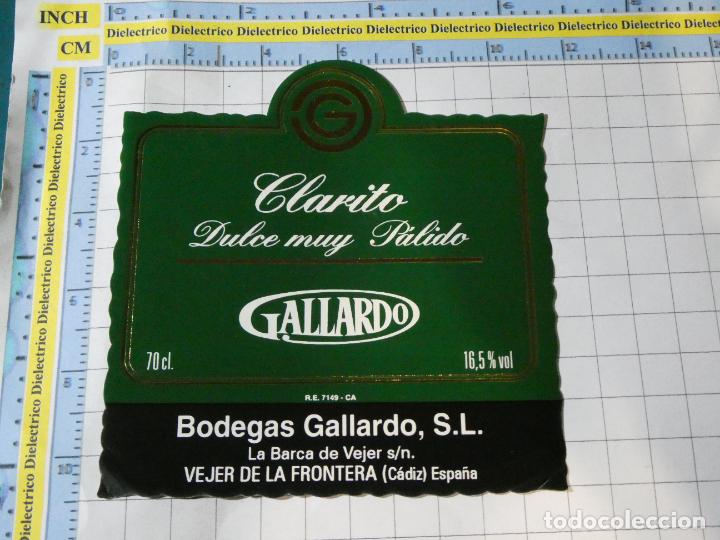 Etiquetas antiguas: ETIQUETA DE BEBIDAS. VINO LICORES. VEJER DE LA FRONTERA C&Aacute;DIZ CLARITO GALLARDO. 1105