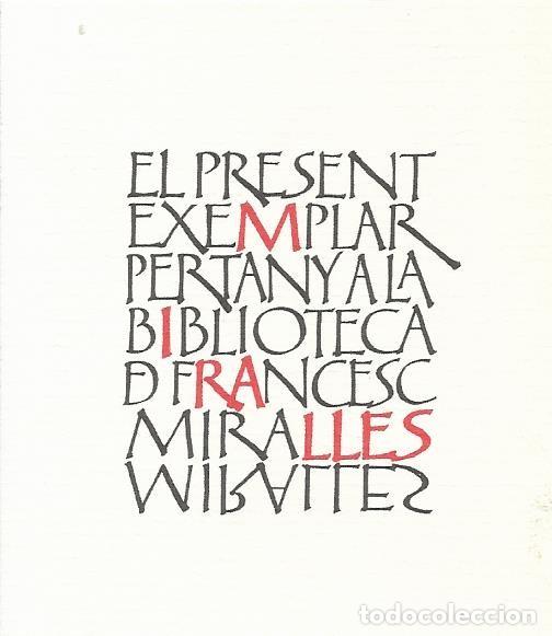 Etiquetas antiguas: Ex-Libris Biblioteca Francesc Miralles. Enric Huguet. 7,5x6,5 cm.