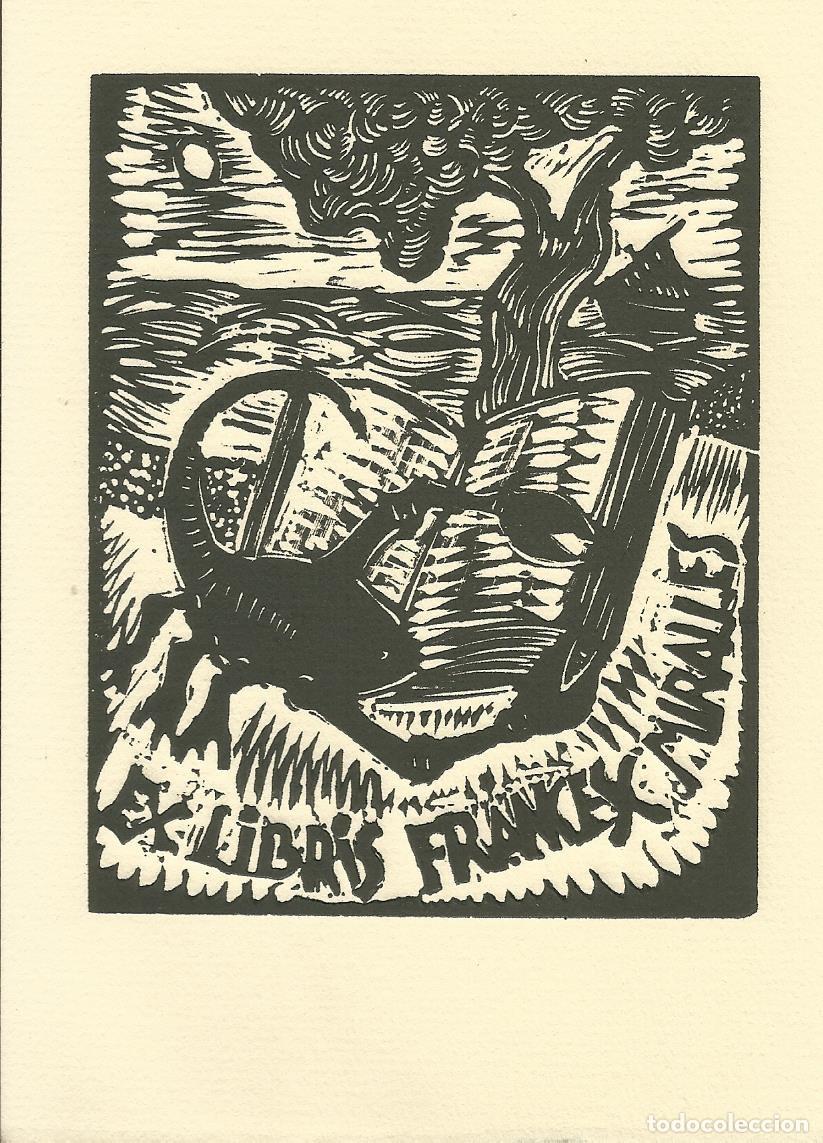 Etiquetas antiguas: Ex-Libris Francesc Miralles. Albert Reig. 15x11 cm. Grabado.