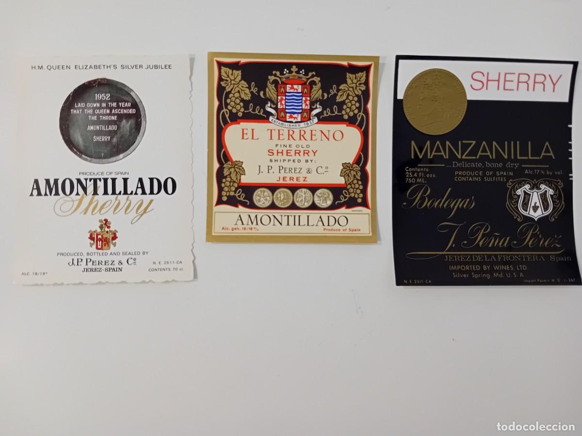 Etiquetas antiguas: LOTE 3 ETIQUETAS BODEGA J. P&Eacute;REZ PE&Ntilde;A & CO. JEREZ DE LA FRONTERA. C&Aacute;DIZ. VINO BRANDY SHERRY