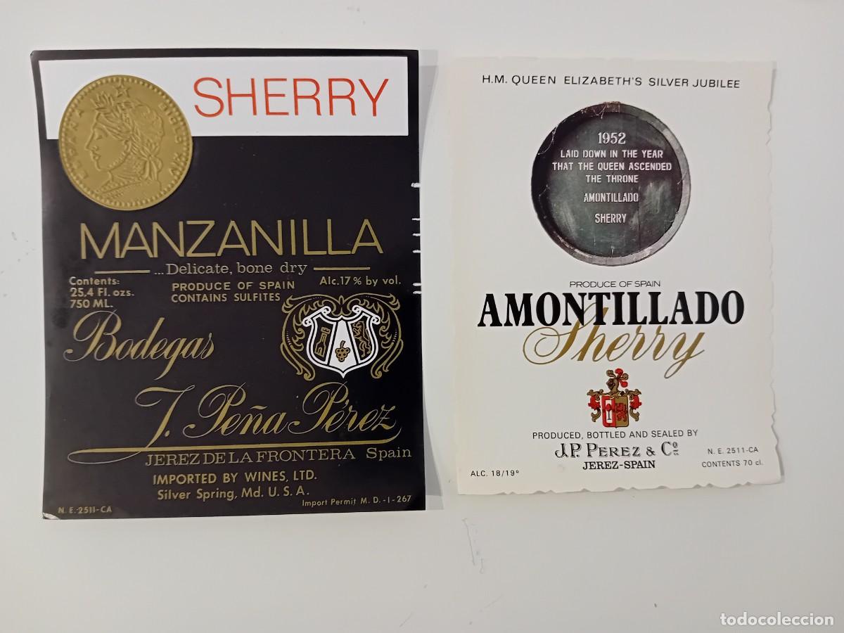 Etiquetas antiguas: LOTE 2 ETIQUETAS BODEGA J. P&Eacute;REZ PE&Ntilde;A & CO. JEREZ DE LA FRONTERA. C&Aacute;DIZ. VINO BRANDY SHERRY