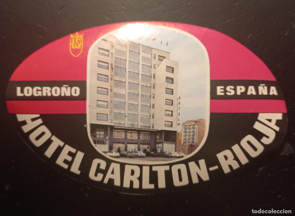 Etiquetas antiguas: Etiqueta de papel HOTEL CARLTON-RIOJA, LOGRO&Ntilde;O 14X8 CM