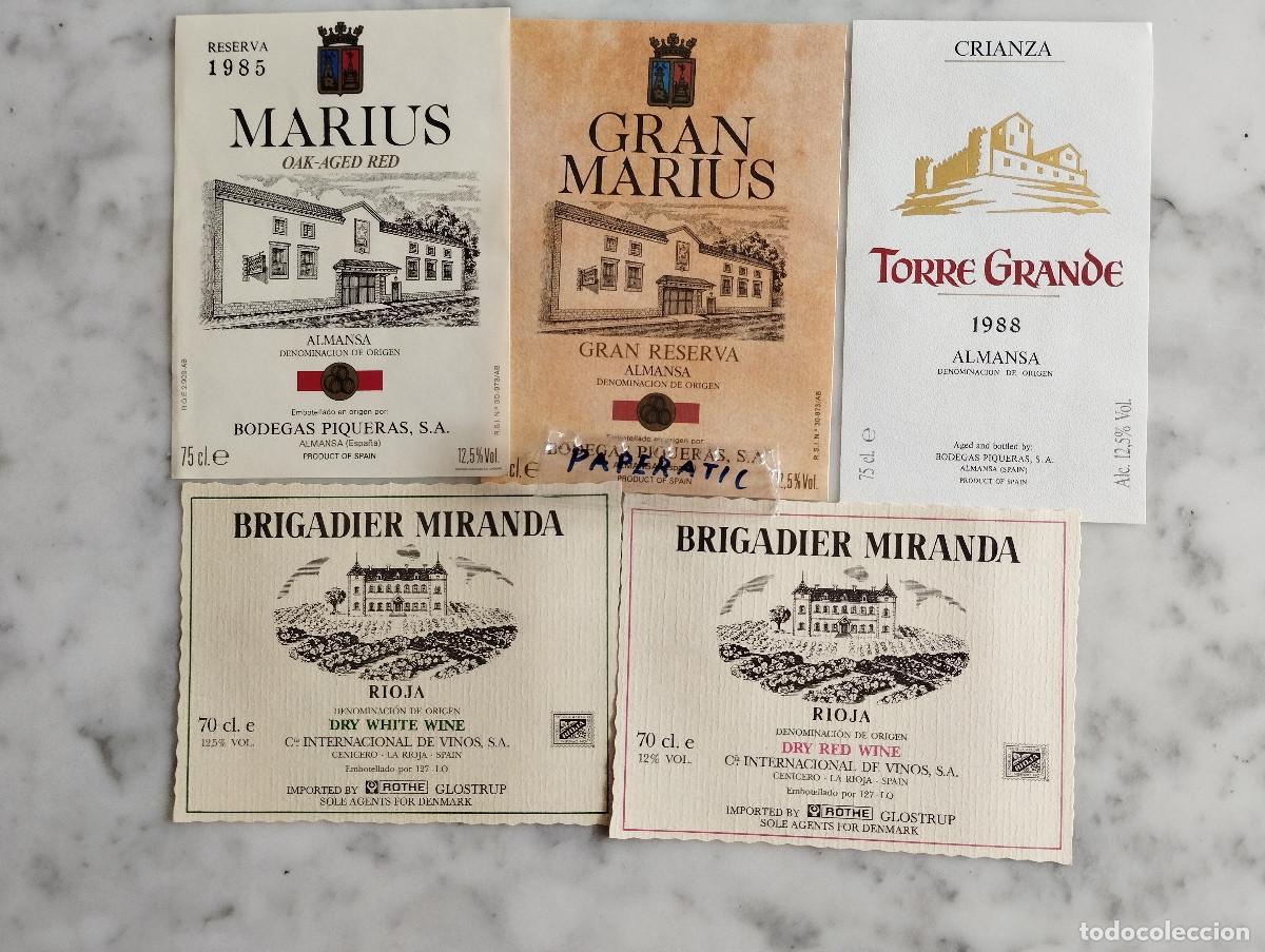 Etiquetas antiguas: 5 ETIQUETAS DE VINO RIOJA TORRE GRANDE ,BRIGADIER MIRANDA, MARIUS