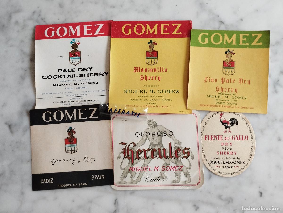 Etiquetas antiguas: 6 ETIQUETAS DE VINO GOMEZ ,OLOROSO HERCULES,FUENTE DEL GALLO
