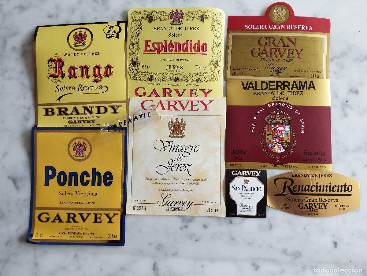 Etiquetas antiguas: 8 ETIQUETAS DE VINO GARVEY ESPLENDIDO,RANGO,PONCHE,VINAGRE DE JEREZ VALDERRAMA,RENACIMIENTO