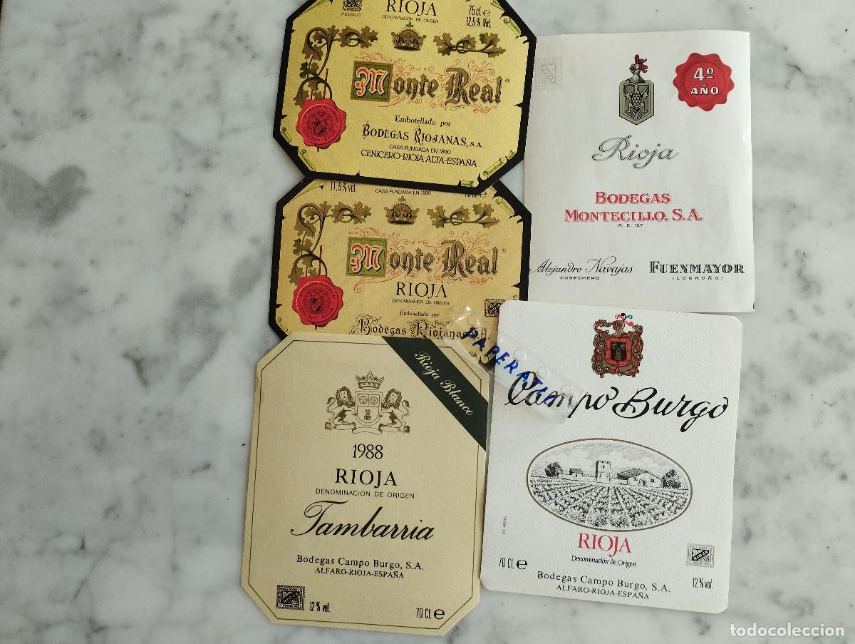 Etiquetas antiguas: 5 ETIQUETAS DE VINO RIOJA MONTE REAL,JAMBARRIA,CAMPO BURGO,BODEGAS MONTECILLO S.A.