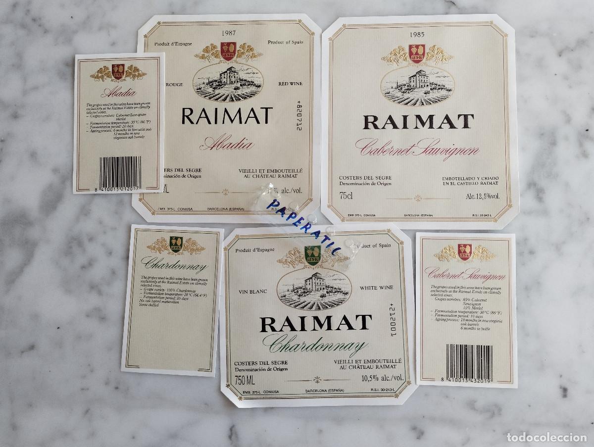 Etiquetas antiguas: 6 ETIQUETAS DE VINO RAIMAT, CHARDONNAY,CABERNET SAUVIGNON,ABADIA