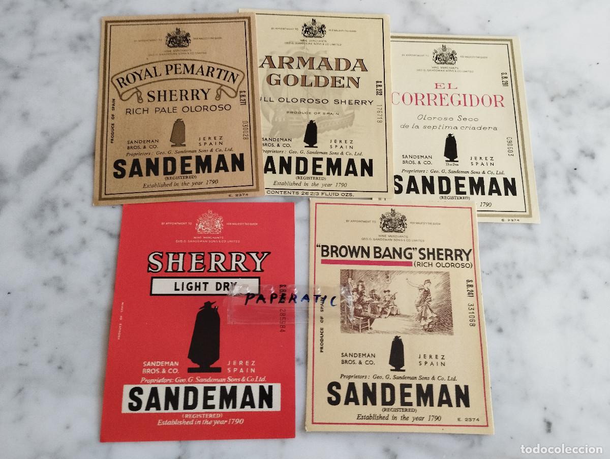 Etiquetas antiguas: 5 ETIQUETAS DE VINO BODEGAS SANDERMAN,EL CORREGIDEO,ARMADA GOLDEN ROYAL PEMARTIN,BROWN BANG SHERRY