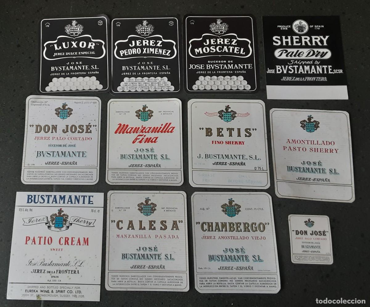 Alte Etiketten: 10 etiquetas fino Sherry, amontillado, Palo Cortado, manzanilla...JOSE BUSTAMANTE S.L. JEREZ