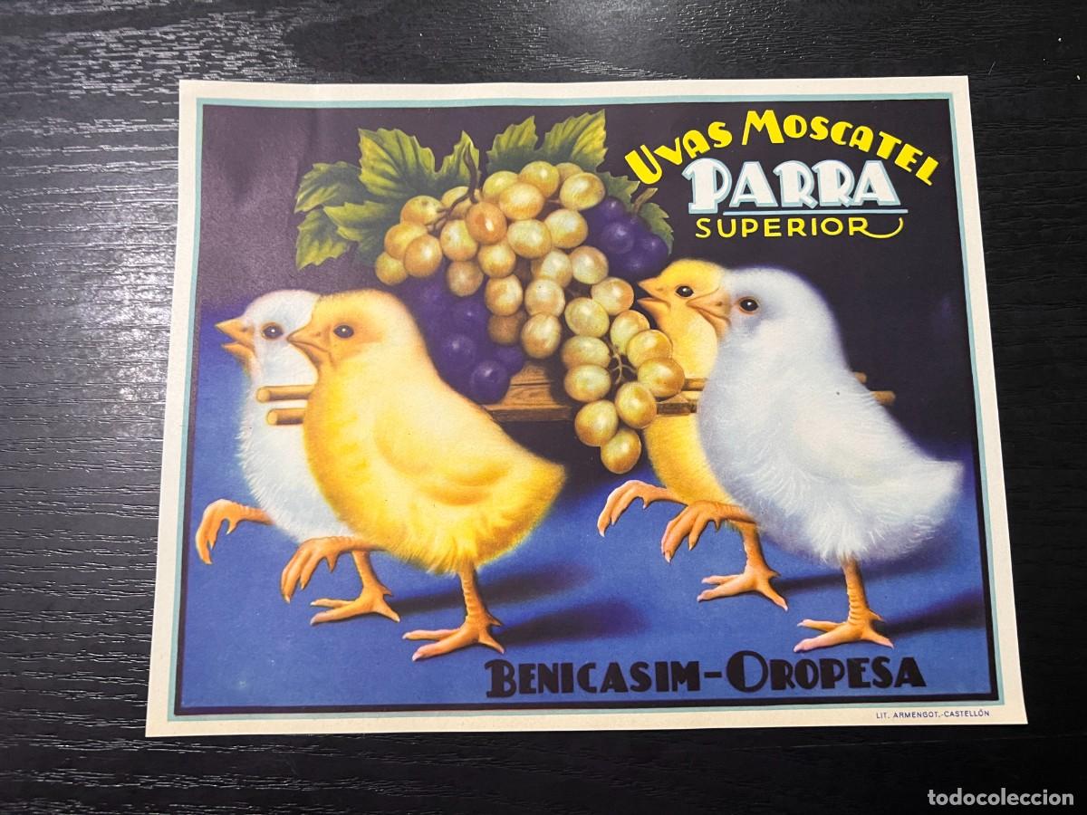 Alte Etiketten: CARTEL/ETIQUETA UVAS MOSCATEL PARRA SUPERIOR. BENICASIM OROPESA CASTELLON.MEDIDAS:24X19 CM