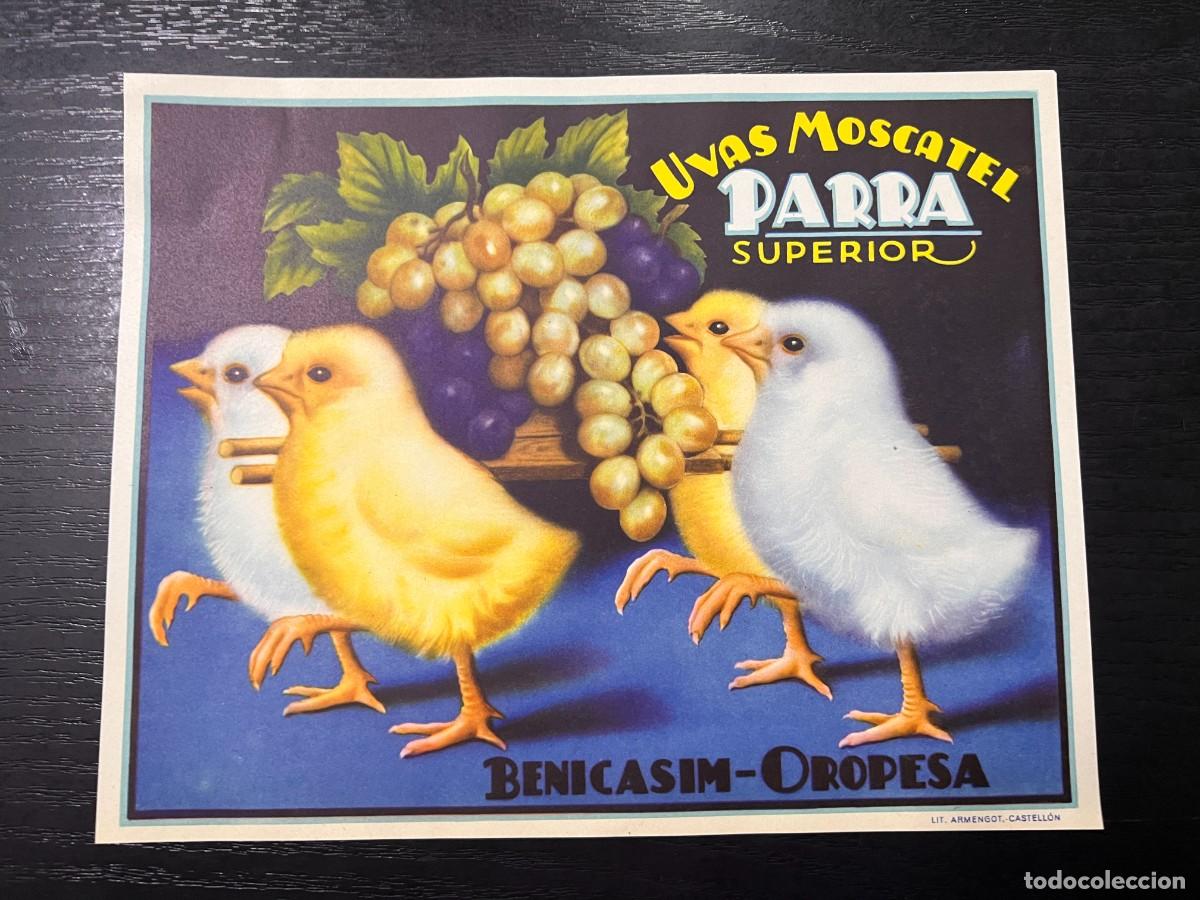 Alte Etiketten: CARTEL/ETIQUETA UVAS MOSCATEL PARRA SUPERIOR. BENICASIM OROPESA CASTELLON.MEDIDAS:24X19 CM