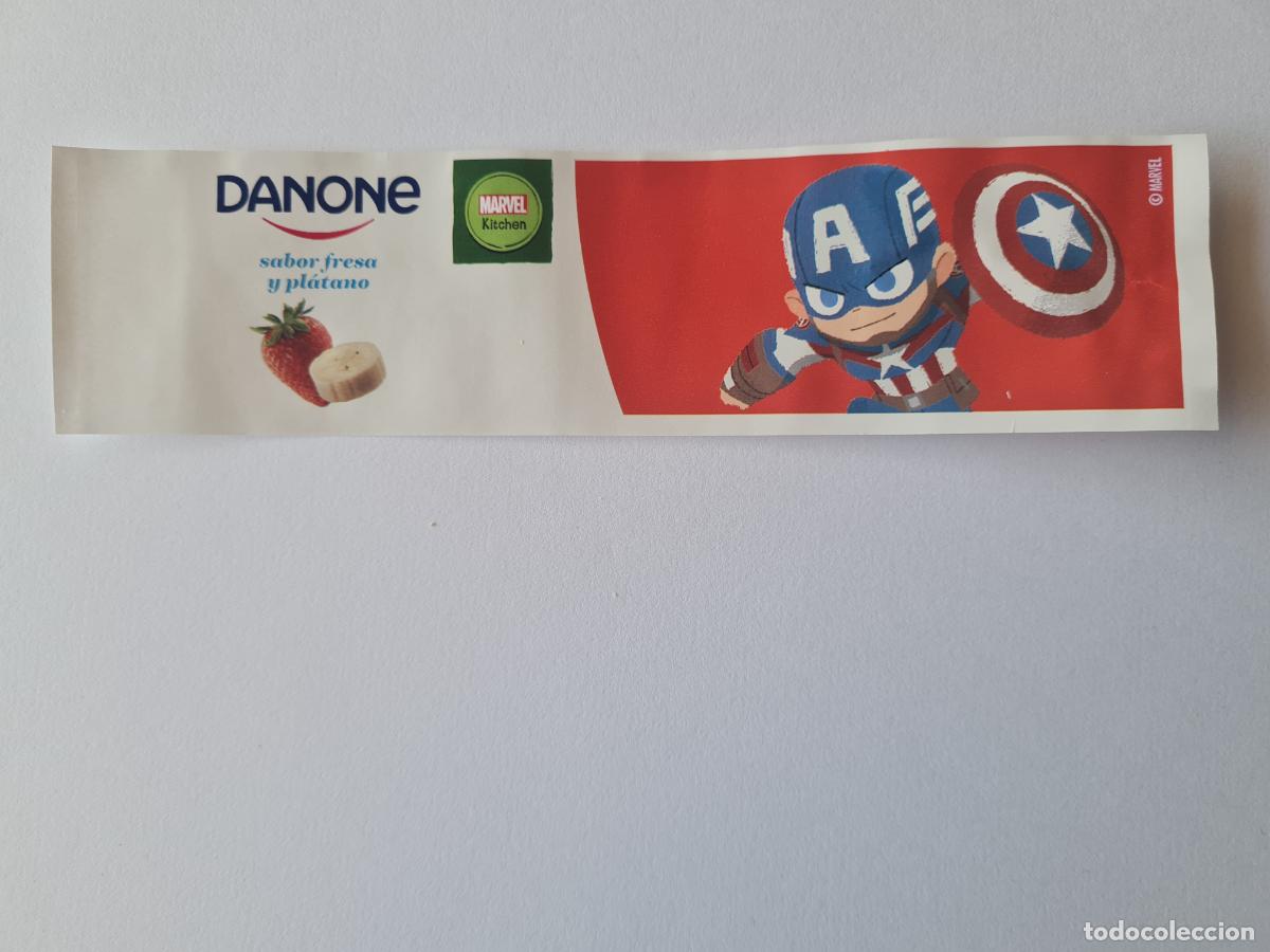 Etiquetas antiguas: CAPITAN AMERICA POSE 2 - SABOR FRESA/PLATANO - MARVEL - ETIQUETAS YOGUR DANONE