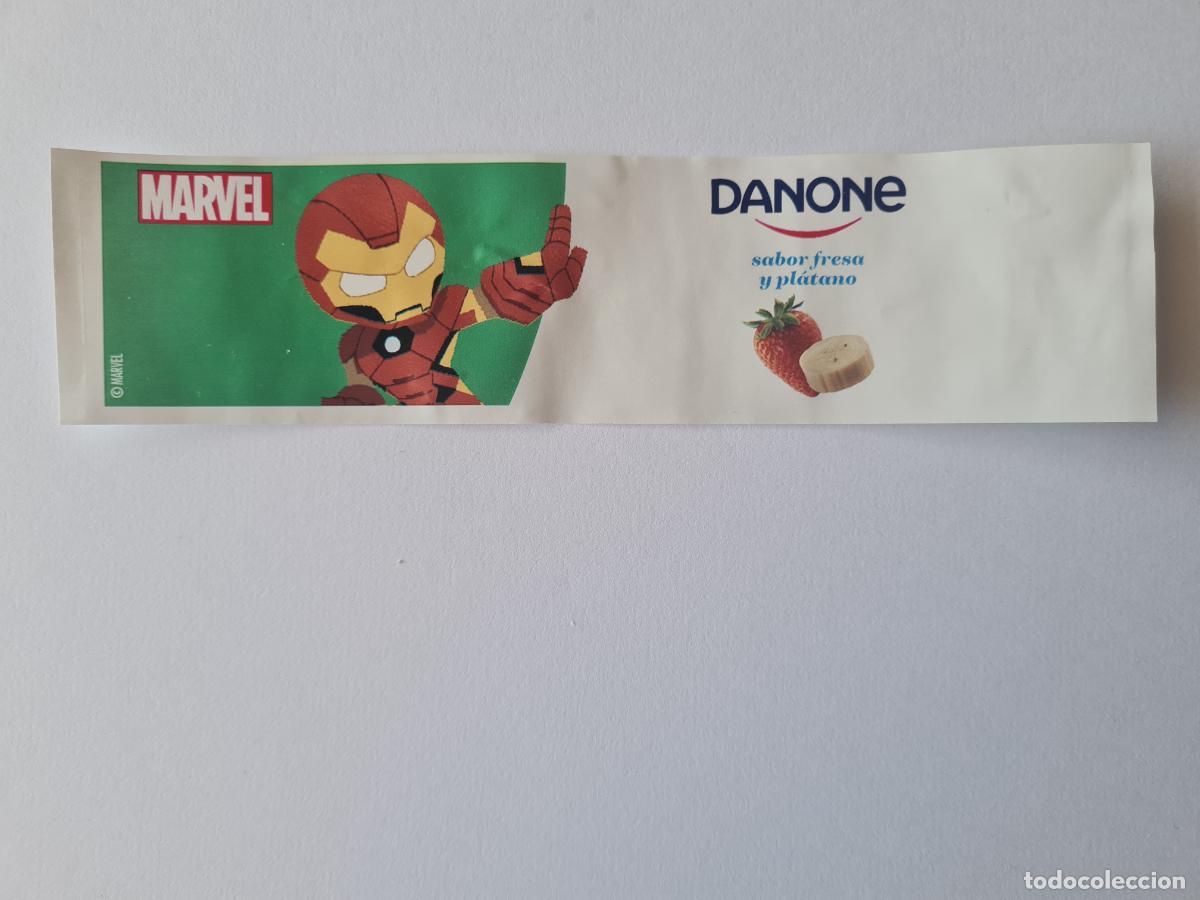 Etiquetas antiguas: IRON MAN POSE 1 - SABOR FRESA/PLATANO - MARVEL - ETIQUETAS YOGUR DANONE