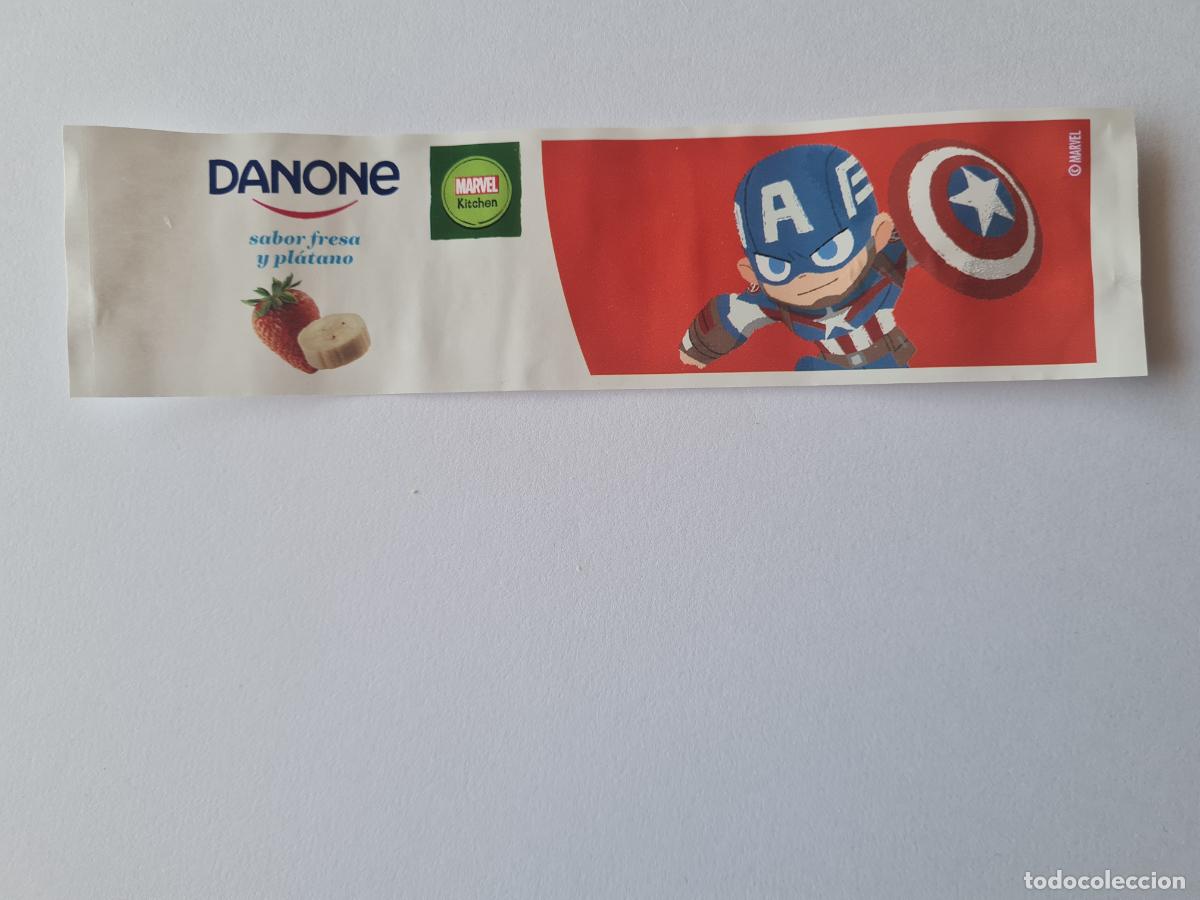 Etiquetas antiguas: CAPITAN AMERICA POSE 2 - SABOR FRESA/PLATANO - MARVEL - ETIQUETAS YOGUR DANONE