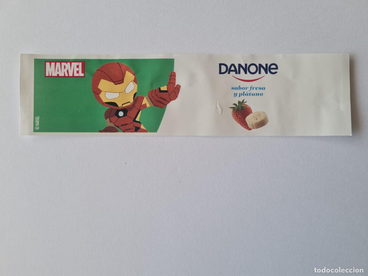 Etiquetas antiguas: IRON MAN POSE 1 - SABOR FRESA/PLATANO - MARVEL - ETIQUETAS YOGUR DANONE
