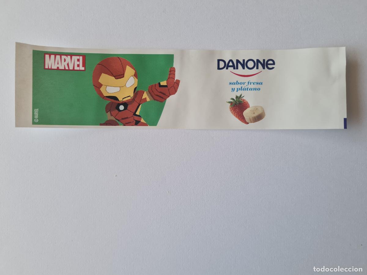 Etiquetas antiguas: IRON MAN POSE 1 - SABOR FRESA/PLATANO - MARVEL - ETIQUETAS YOGUR DANONE