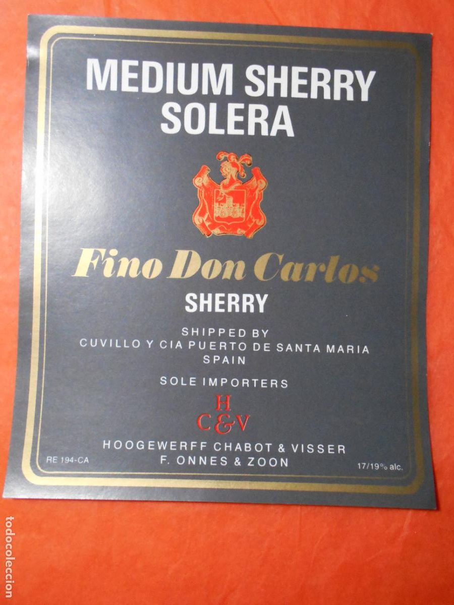 Etiquetas antiguas: ETIQUETA DE VINO MEDIUM SHERRY SOLERA DON CARLOS PUERTO DE SANTA MARIA