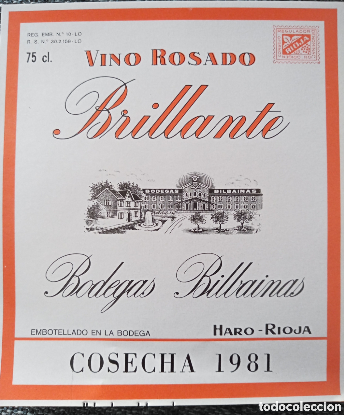 Etiquetas antiguas: ETIQUETA VINO ROSADO. BRILLANTE. BODEGAS BILBA&Iacute;NAS