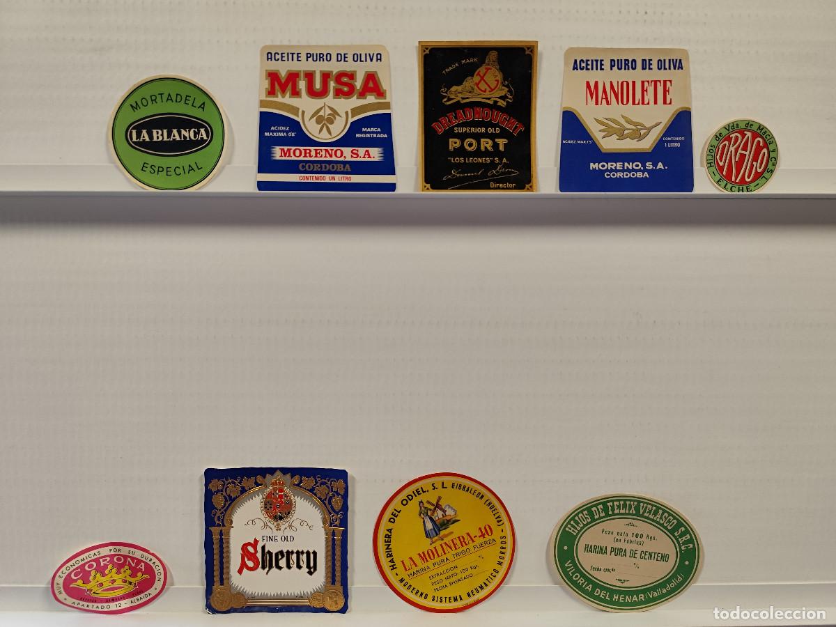 Etiquetas antiguas: 9 ETIQUETAS ACEITE HARINA BAYETAS MORTADELA CORDOBA, ELCHE, ALBAIDA, VILORIA DEL HENAR, HUELVA.