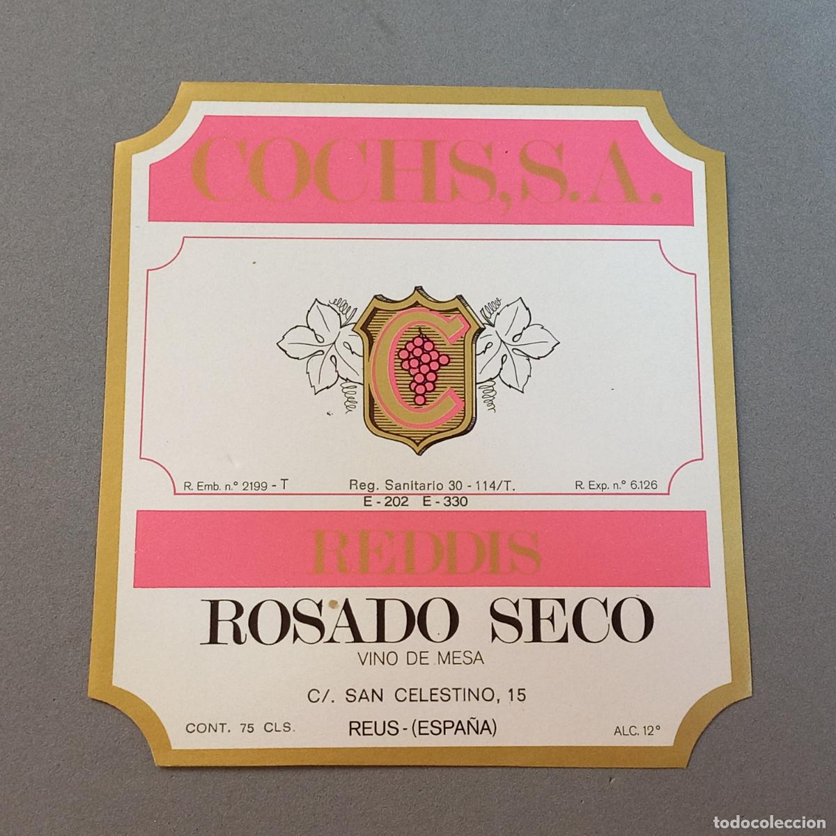 Old Labels: Antigua etiqueta de vino rosado seco REDDIS COCHS, Reus - Tarragona, a&ntilde;os 70