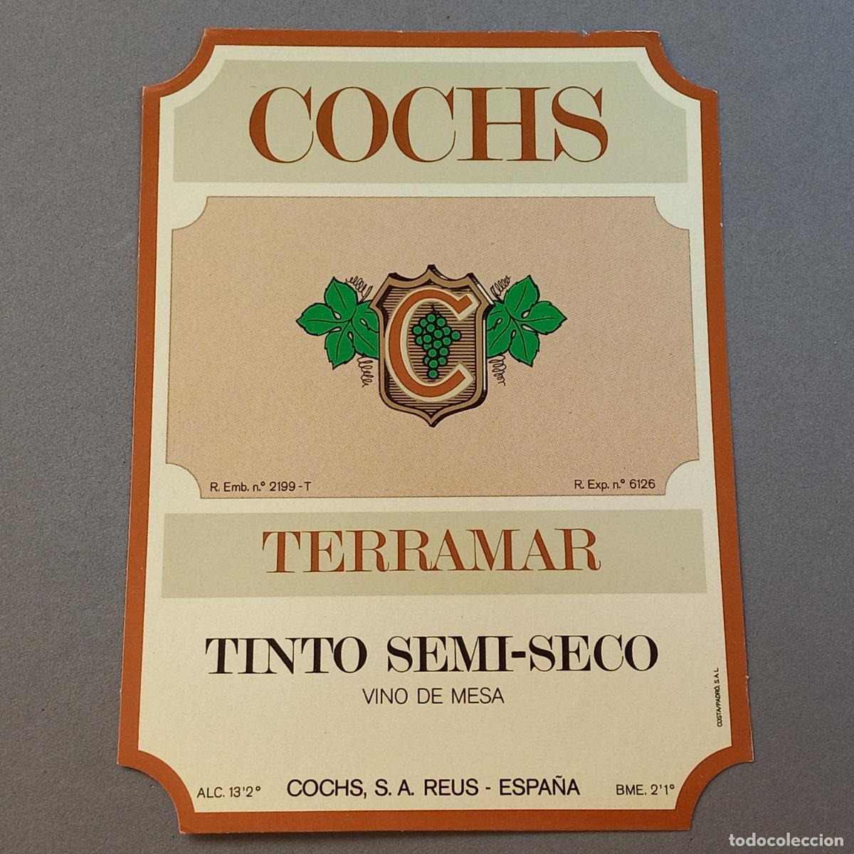 Old Labels: Antigua etiqueta de vino TERRAMAR tinto semi-seco COCHS, Reus - Tarragona, a&ntilde;os 70
