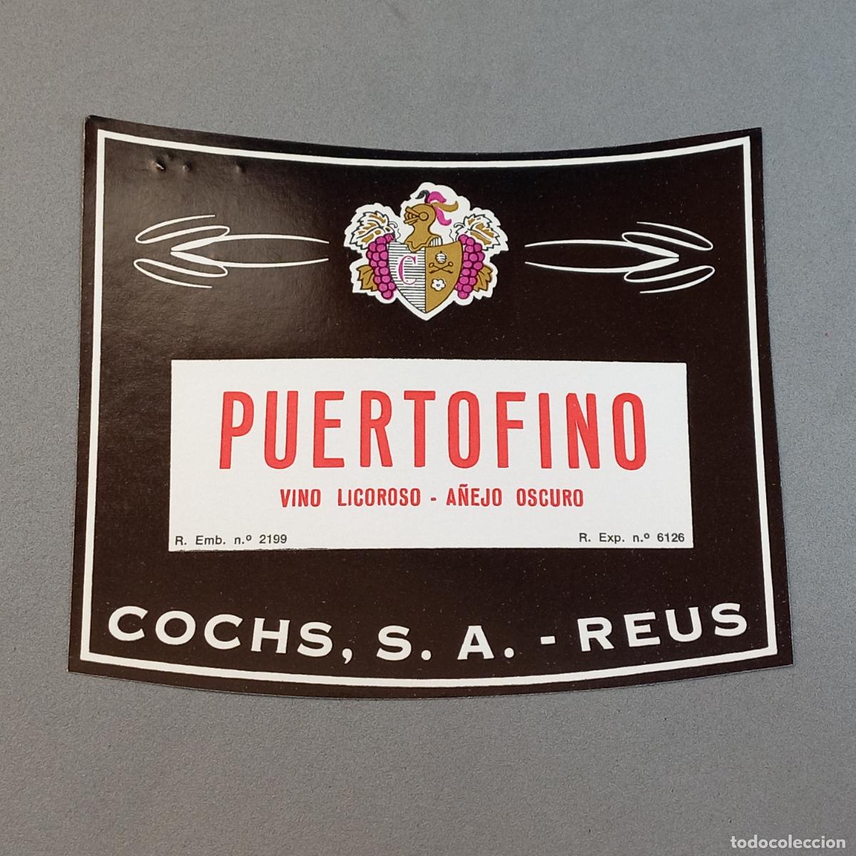 Old Labels: Antigua etiqueta de PUERTOFINO vino licoroso a&ntilde;ejo oscuro COCHS, Reus - Tarragona, a&ntilde;os 70