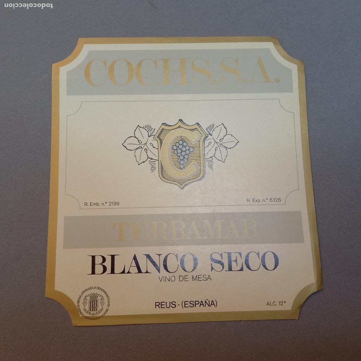 Old Labels: Antigua etiqueta de vino TERRAMAR Blanco Seco, Cochs, Reus - Tarragona, a&ntilde;os 60 - 70