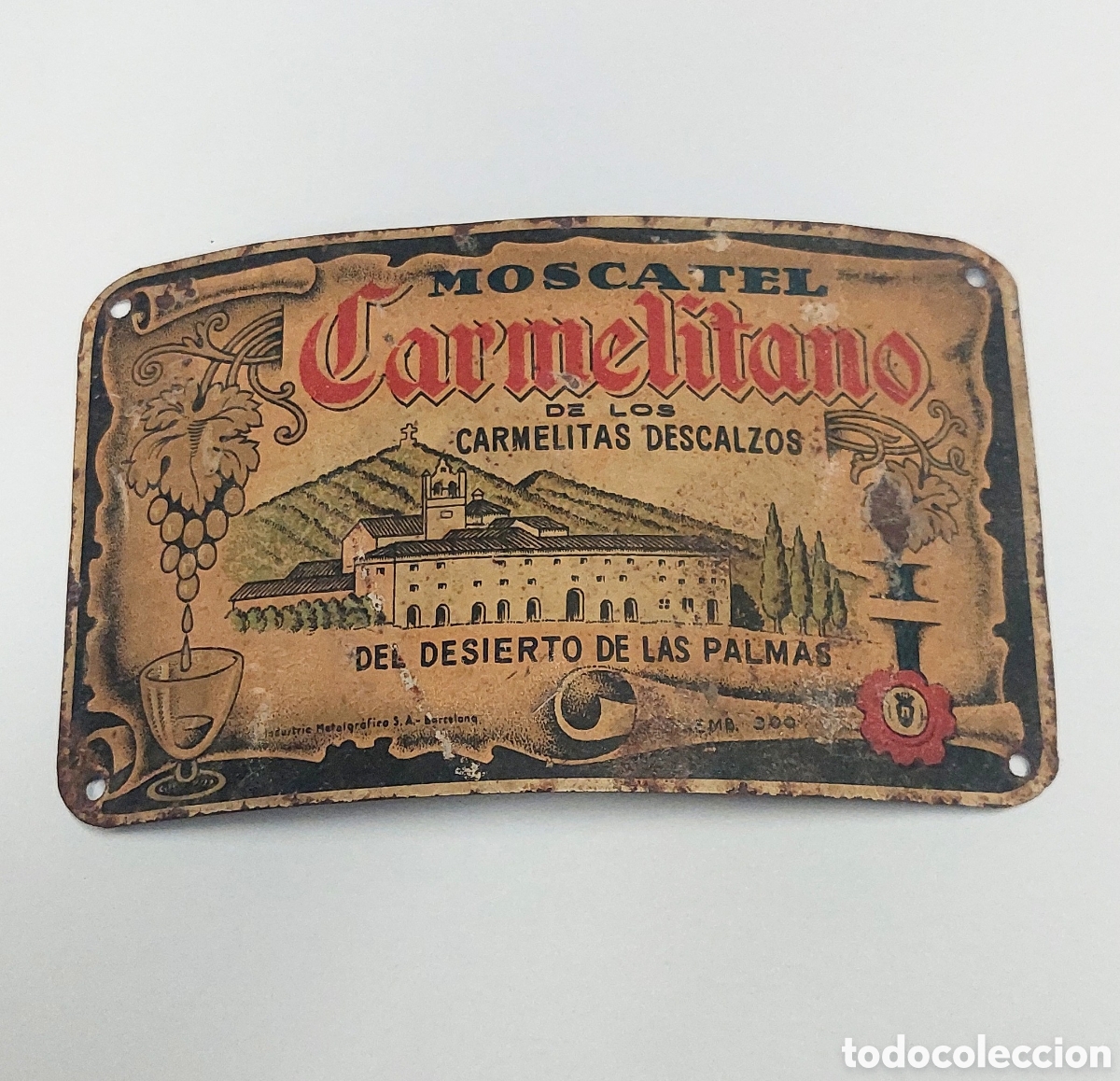 Etiquetas antigas: etiqueta met&aacute;lica Moscatel Carmelitano (&uacute;nica) muy antigua Industrias Metalgr&aacute;fica, S.A.