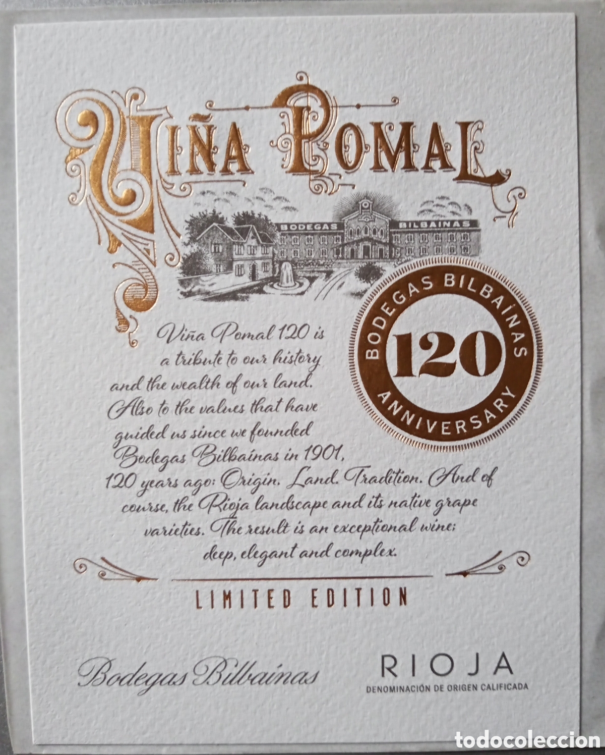 Etiquetas antiguas: ETIQUETA VI&Ntilde;A POMAL. 120 ANIVERSARIO. BODEGAS BILBAINAS