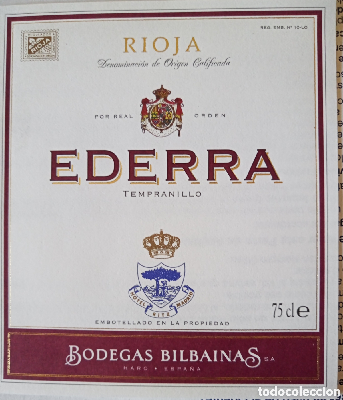Etiquetas antiguas: ETIQUETA EDERRA. BODEGAS BILBAINAS - Foto 1