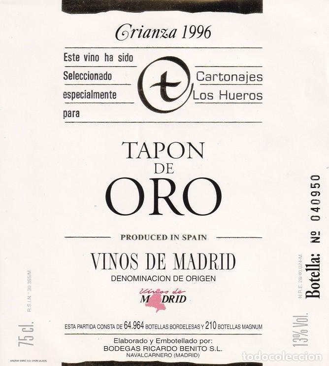 Etiquetas antiguas: Tap&oacute;n de oro - Crianza 1996 &middot; Vinos de Madrid D.O. / Bodegas Ricardo Benito - Cartonajes Los Hueros