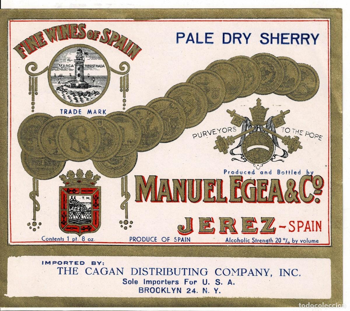 Etiquetas antiguas: ETIQUETA VINO PALE DRY SHERRY. MANUEL EGEA & CO. JEREZ. ET-0112 ,2