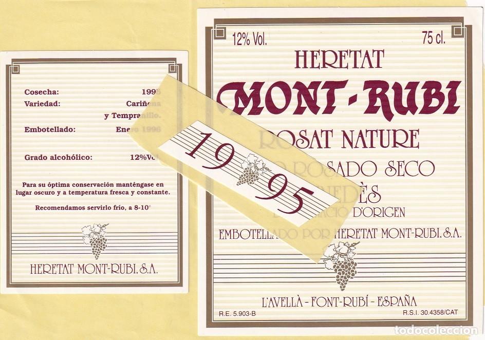 Etiquetas antiguas: Heretat Mont-Rub&iacute; 1995 - Rosat Nature Vino Rosado Seco Pened&egrave;s D.O. / L' Avell&agrave; - Font-Rub&iacute;