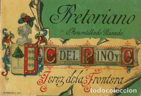 Etiquetas antiguas: ETIQUETA VINO PRETORIANO AMONTILLADO PASADO. C. DEL PINO Y CA. JEREZ. ET-207