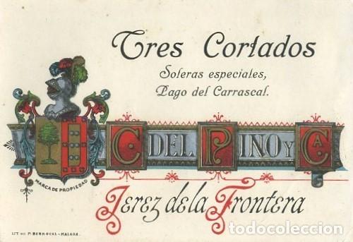 Etiquetas antiguas: ETIQUETA VINO TRES CORTADOS SOLERAS ESPECIALES, C. DEL PINO Y CA. JEREZ. ET-209 ,3