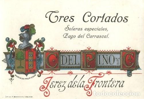 Etiquetas antiguas: ETIQUETA VINO TRES CORTADOS SOLERAS ESPECIALES, C. DEL PINO Y CA. JEREZ. ET-210 ,3
