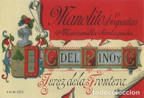 Etiquetas antiguas: ETIQUETA VINO MANOLITO EL ESPARTERO. MANZANILLA SANLUQUE&Ntilde;A. C. DEL PINO Y CA. JEREZ. ET-219 ,6
