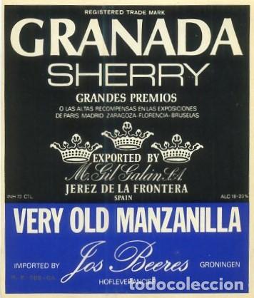 Etiquetas antiguas: ETIQUETA VINO GRANADA SHERRY.M. GIL GALAN S.A. JEREZ- VERY OLD MANZANILLA. ET-239 ,8