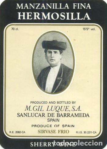 Etiquetas antiguas: ETIQUETA VINO MANZANILLA FINA HERMOSILLA. M. GIL LUQUE, S.A. SANLUCAR DE BARRAMEDA. ET-250 ,2
