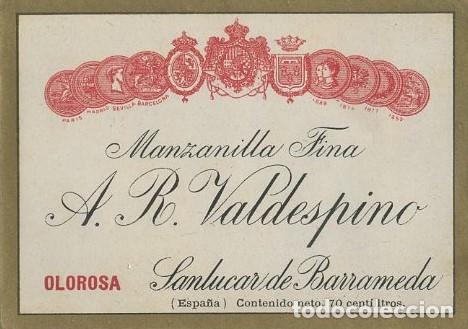 Etiquetas antiguas: ETIQUETA VINO MANZANILLA FINA OLOROSA. A.R. VALDESPINO SANLUCAR DE BARRAMEDA. ET-357 ,10