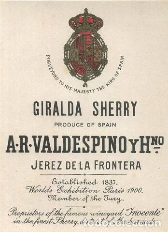 Etiquetas antiguas: ETIQUETA VINO GIRALDA SHERRY. A.R. VALDESPINO Y HNO. JEREZ FRA. ET-374 ,10